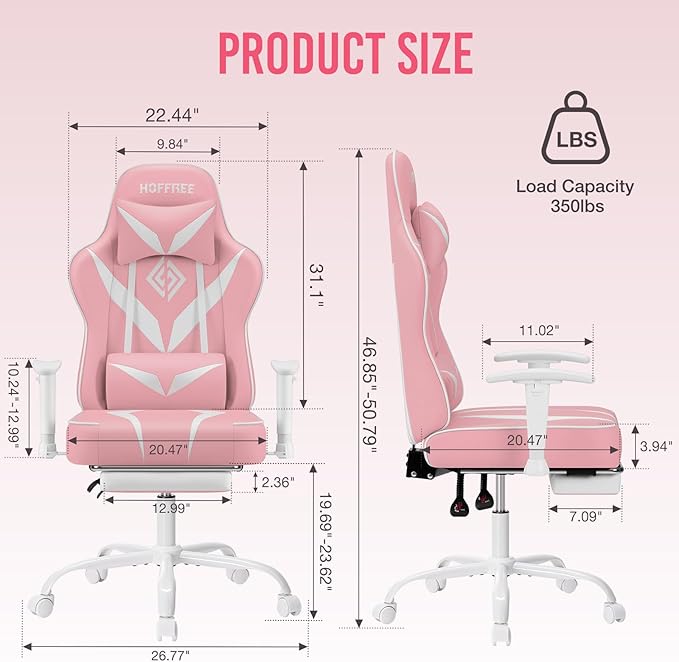 HOFFREE Massage Gaming Chair with Pocket Spring Cushion 155° Reclining Computer Gamer Chair with Footrest and Adjustable Armrests Ergonomic Video Game Chairs Pink and White