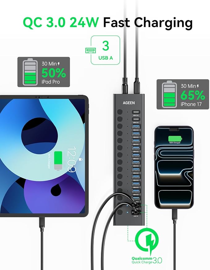 AGEEN 16-Port Powered USB 3.2 Hub-10Gbps SuperSpeed Data Splitter with 2 USB-C &amp 11 USB-A Ports 3 x 24W QC 3.0 Fast Charging Ports Individual On/Off Switches 96W Power Adapter for Laptop (16 Po
