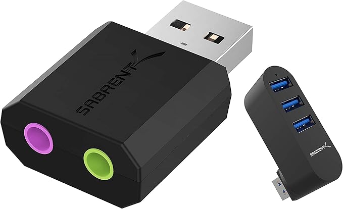 SABRENT USB External Stereo Sound Adapter for Windows and Mac. + Premium 3-Port Aluminum Mini USB 3.0 Hub