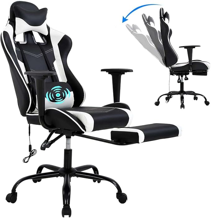 SNANA Modern White Gaming Chair High Back PU Leather Ergonomic Adult 250 lbs Capacity 17.7 D x 26.4 W x 33 H