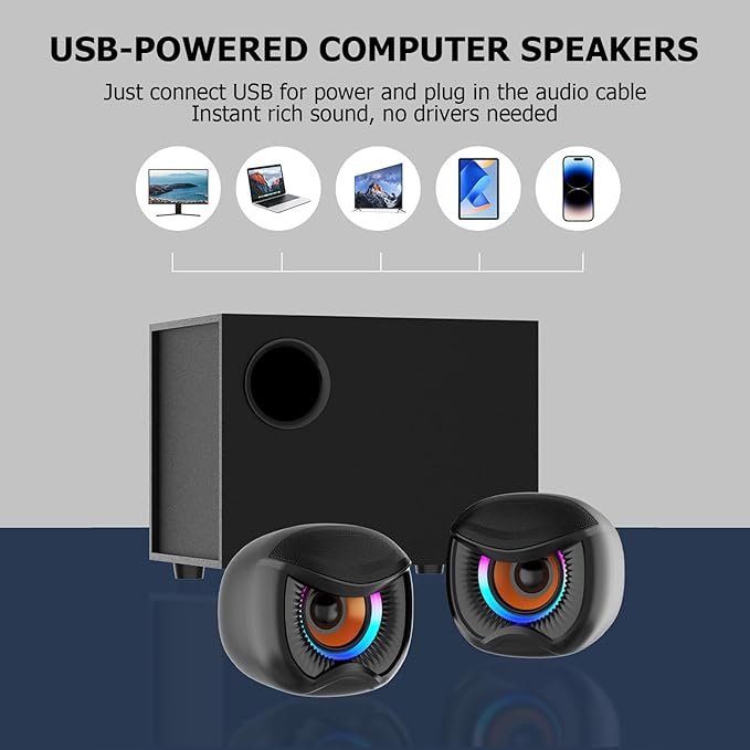 Computer Speakers Gaming Stereo System with RGB Subwoofer Wired USB Powered 3.5mm Auxiliary Speakers for PCs Laptops
