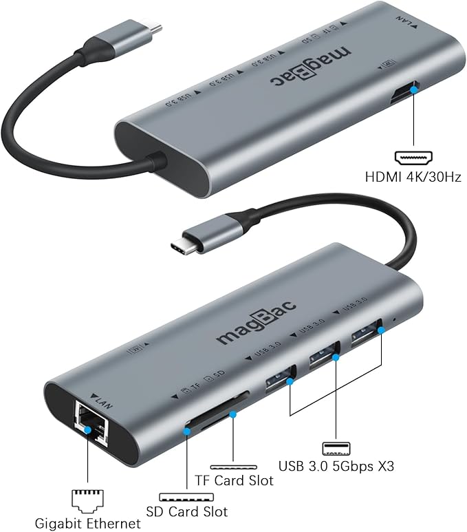 MagBac Laptop Docking Station 7-in-1 USB Hub with 4K@30Hz HDMI Display Port 3 USB A 3.0 Data Ports SD/TF Card Slot Gigabit Ethernet for MacBook Pro/Air HP Dell Lenovo Surface Windows Laptop