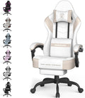 Ferghana Cotton Fabric Gaming Chair with Wider Seat Cushion Shield-Shaped Embroidery Ergonomic High Back Game Chair with Footrest Computer Chair with Massage Lumbar Support for Adult Beige