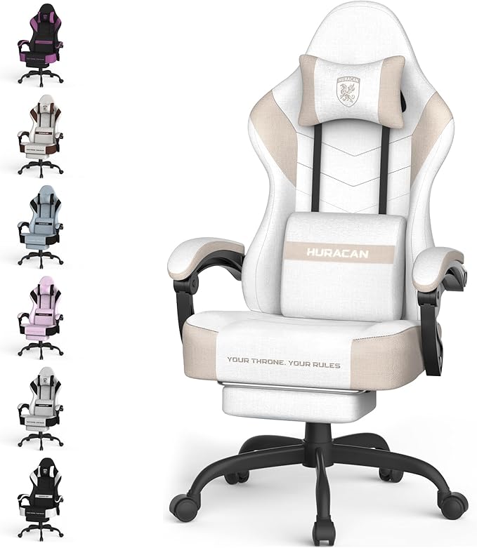 Ferghana Cotton Fabric Gaming Chair with Wider Seat Cushion Shield-Shaped Embroidery Ergonomic High Back Game Chair with Footrest Computer Chair with Massage Lumbar Support for Adult Beige
