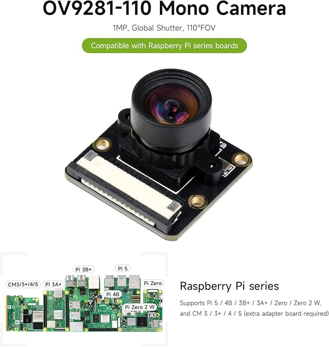 waveshare OV9281-110 Mono Camera Compatible with Raspberry Pi Supports 4B /3B+ /3A+ /Zero/Zero 2 W and CM3/3+/4 Global Shutter 1MP