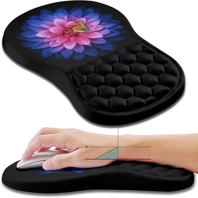 Hokafenle Ergonomic Mouse Pad Wrist Support Wrist Rest Mousepad for Carpal Tunnel Pain Relief with Integrated Memory Foam Slope Massage Bulge (11.8x7.9 inchButterfly Lotus Floral