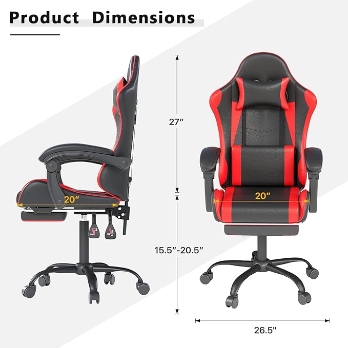 Gaming Chair with Headrest and Lumbar Support Ergonomic High Back Office Chair Racing Style Executive Computer Desk Chair Leather Adjustable Swivel Task Chair for Home Office (Red Black)