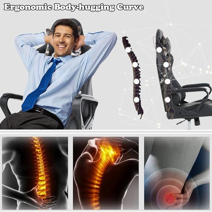 Ergonomic High-Back Racing Ergonomic PC &amp Racing Game Chair Soft Padded Pu Leather Highly Comfortable 300 Lb Gaming Chair Adjustable Height Professional Oversize Dimension Cushion Included Camouf