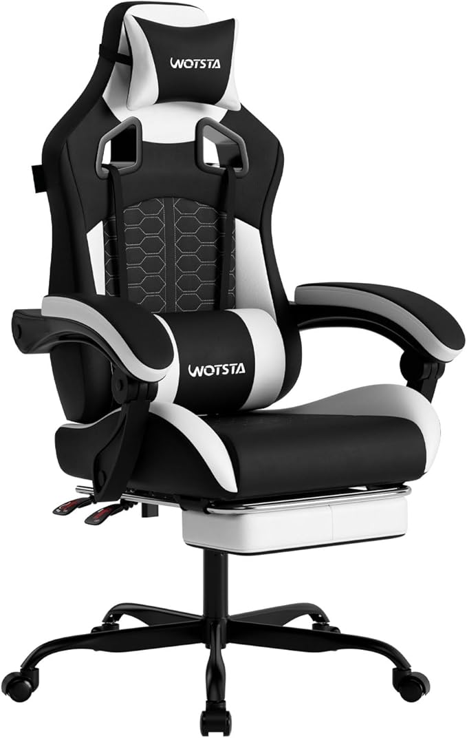 Gaming Chair with MassageErgonomic PC Gaming Chair with Footrest Comfortable Headrest and Lumbar SupportHigh Back PVC Leather300LBS (Black White)