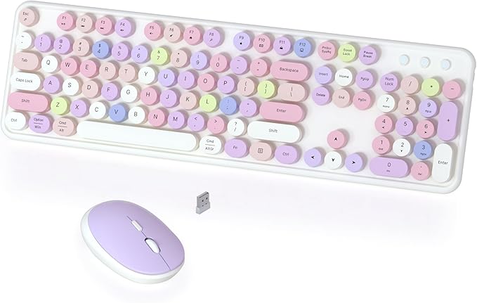 Colorful Wireless Keyboard and Mouse Combo COVEVA 2.4GHz Wireless Retro Cute Round Keycaps Keyboard 104 Keys Full-Sized Keyboard Mouse Set with Switch Button for PC Laptop Desktop (White Colorful)