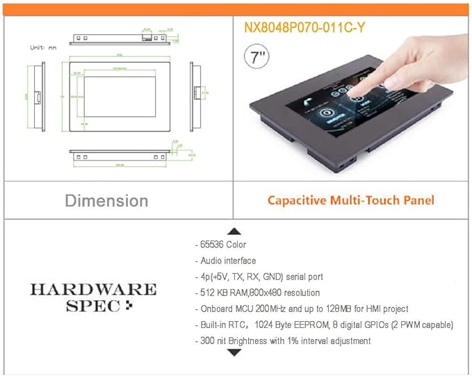 Nextion Intelligent 7 inch HMI Display 5V Capacitive Touch Screen 800x480 TFT LCD w/Enclosure Case for Arduino (NX8048P070-011C-Y)