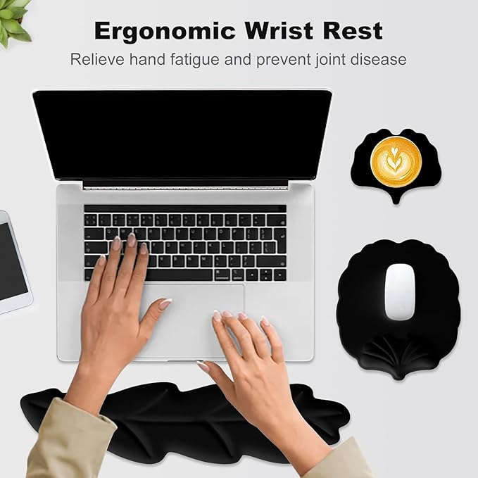 Keyboard Wrist Rest and Mouse Pad with Wrist Support Set Ergonomic Leaf Shape Mouse Pad with Non-Slip Base Pain Relief Memory Foam Mousepad for ComputerLaptopHome Office Black