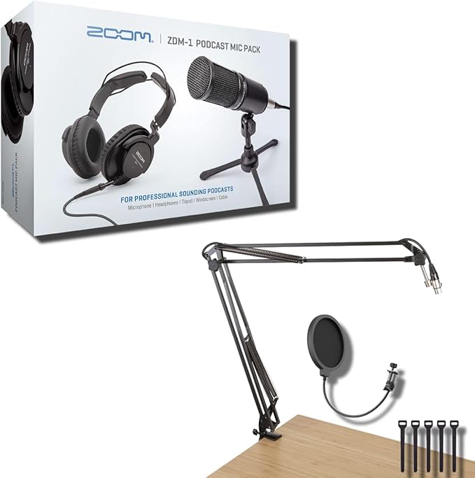 Zoom ZDM-1 Podcast Mic Pack with GFWMICBCBM1000 Microphone Boom Arm and Microphone Pop Filter