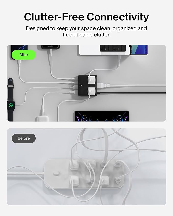 Belkin GaN Charging Station 70W 7-in-1 Dual USB C Charger w/ 3X AC Outlets 2X USB A Ports - Power Strip for iPhone Apple Watch iPad MacBook Chromebook Samsung Galaxy Pixel 10 &amp More - Bla