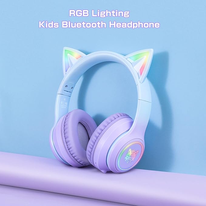 Bluetooth Cat Ear Headphones for Kids &amp Adults Wireless &amp Wired Mode Foldable Headset with Mic - Clear Sound Quality - RGB LED Light for Girls School Gaming for Phone/Laptop/PC/Tablet Purp
