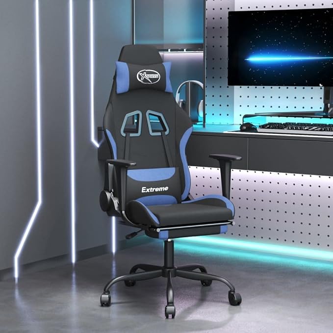 Gaming Chair Office Chair PC Chair with Footrest Black and Blue FabricHeight Adjustable Game Chair with 360°-Swivel Seat and Headrest and for Office or Gaming(Style B) -AA