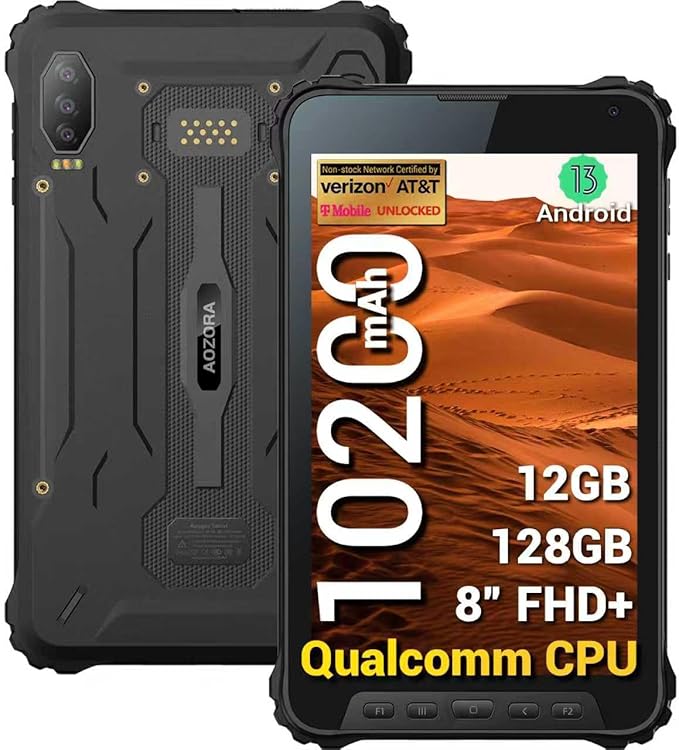AOZORA K8 Active Rugged Tablet 8 Inch FHD+ 600nits Glove Touch AT&ampT/Verizon Network certified PTCRB T-Mobile Unlocked Qualcomm8-Core 12+128GB 20MP night vision+25MP Camera 10200mAh IP68&ampIP69K
