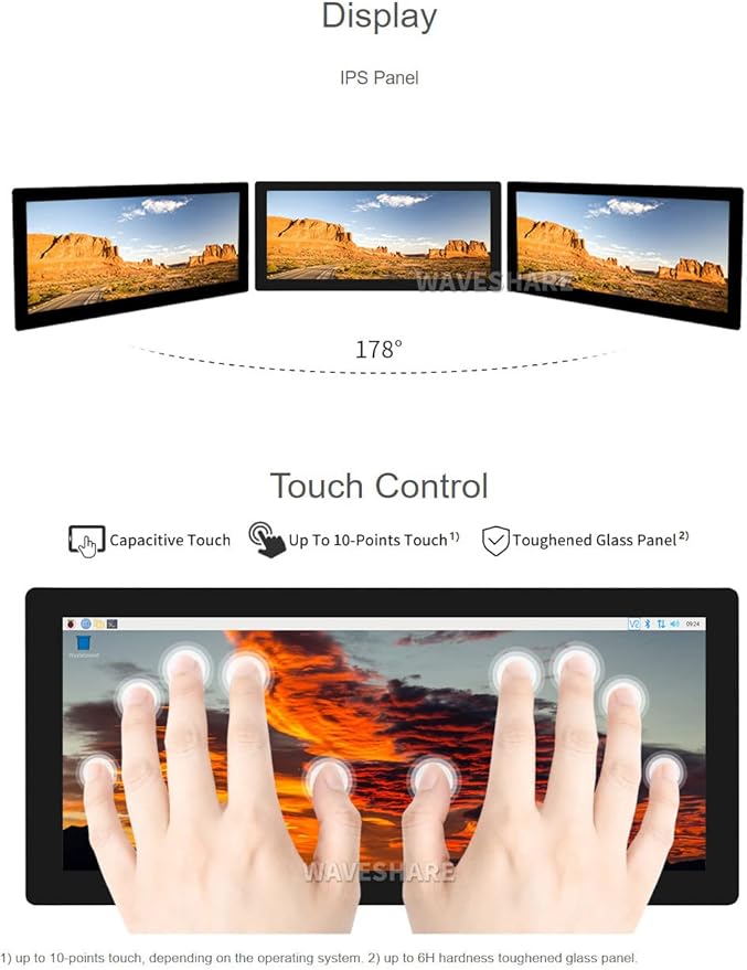 Waveshare 12.3inch Capacitive Touch Screen LCD Compatible with Raspberry Pi 5/4B/3B+/3B/2B/B+/A+/Zero/Zero W/WH/Zero 2W Series Boards 600 Cd/M²1920×720 HDMI IPS Toughened Glass Panel