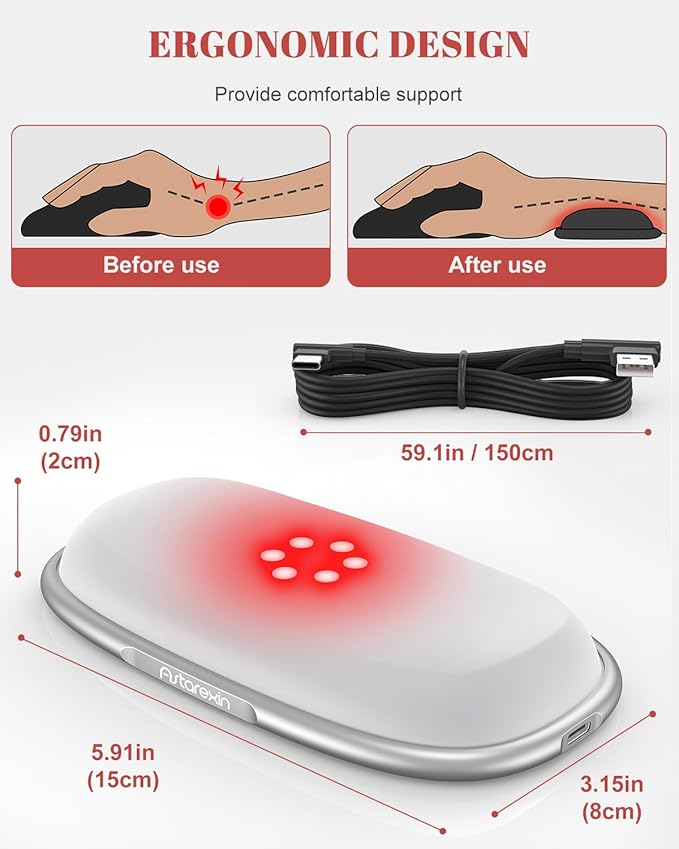 Red Light Therapy Mouse Wrist Rest - 660nm+850nm Touch-Activated Near-Infrared Light for Hand Ergonomic Design for Office/Gaming/Travel/Laptop