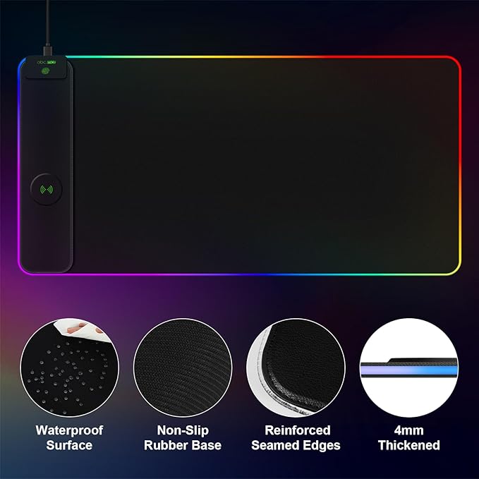 Magnetic Wireless Charging RGB Mouse Pad 31.5'' x 15.8'' Large LED Gaming Desk Mat 24 Light Effects Non-Slip Rubber Base Waterproof Ultra-Smooth Surface