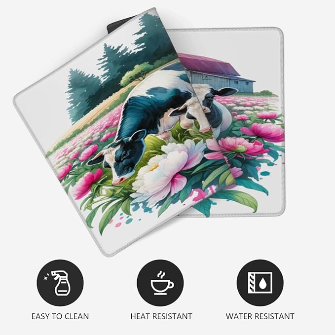 Farm Cow Pink Flower Large Mouse Pad Gaming Mousepad Desk Mat for Desktop Computer Keyboard Waterproof Mouse Mat Desk Pad with Non-Slip Base for Game School Office Home 35.4 x 15.7