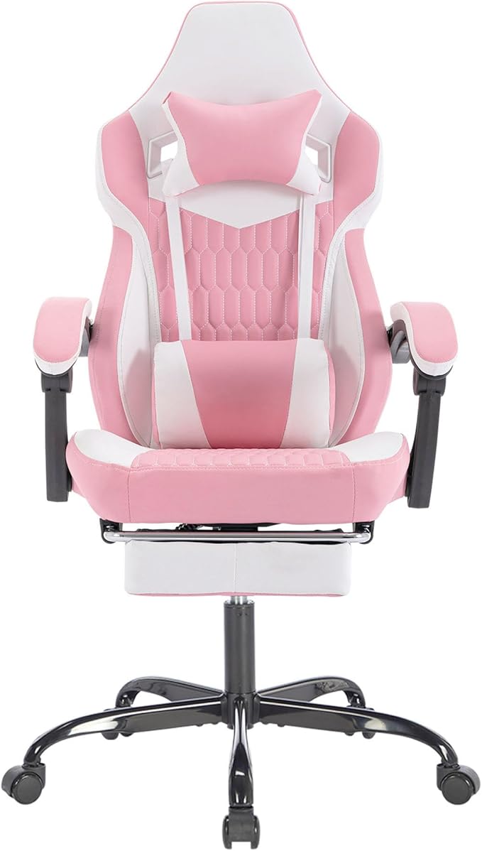 Pink Gaming Chairs with Footrest PVC Leather Video Game Chair for Adults Ergonomic Gaming Chair with Headrest &amp Lumbar Support Reclining Gamer Chairs with Adjustable Backrest (Pink)