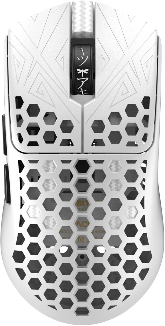 Tenko ARBITER Akitsu Medium Carbon Fiber Gaming Mouse - Ultra-Light 40g Wireless 8K Polling 30K DPI PIXART 3950 Sensor 60Hr Battery LCD Receiver Display - White