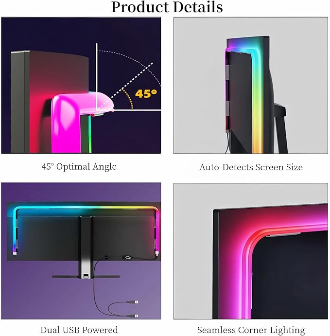 Upgraded 32-Inch Monitor Backlight Unibody LED Strip with 45° Upward Glow &amp Dual USB Power Smart Ambient PC Lighting with Screen Sync