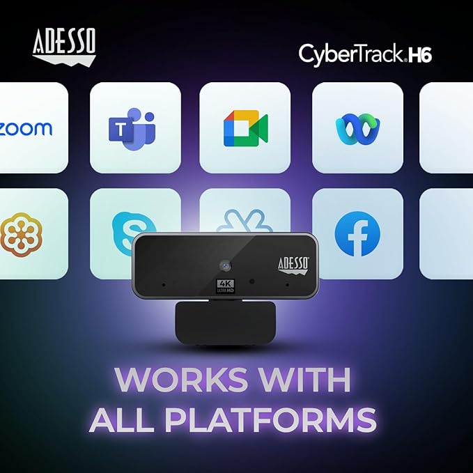 Adesso Cybertrack H6 4K Ultra HD USB Webcam with Built-in Dual Microphone &amp Privacy Shutter Cover Black