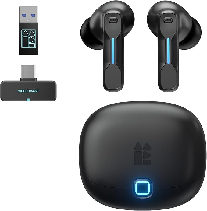 Middle Rabbit SW5 Wireless Gaming Earbuds with Mic Compatible with PC PS5 PS4 Desktop VR Computer Headphones 2.4G Dongle &amp Bluetooth 5.4 Dual-Mode 4 Built-in Microphones 20ms Low Latency
