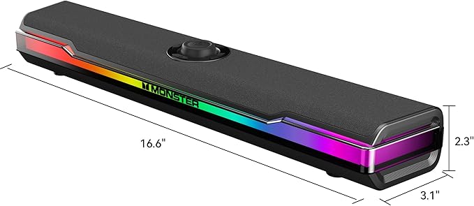 Monster S330 Computer Speakers HiFi Stereo Sound PC Speakers Bluetooth 6.0 Computer Sound Bar with Dynamic RGB Light USB/Type-C Plug &amp Play Gaming Speakers for Computer Desktop PC Laptop Ta