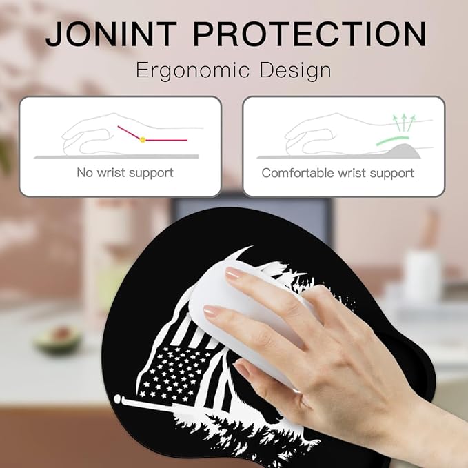 Mousepad Bigfoot with America Flag Forest Sasquatch 1 Ergonomic Wrist Support Non-Slip Base Mouse Mat with Wrist Rest Computer Mousemat for Desk Work Accessories Pad