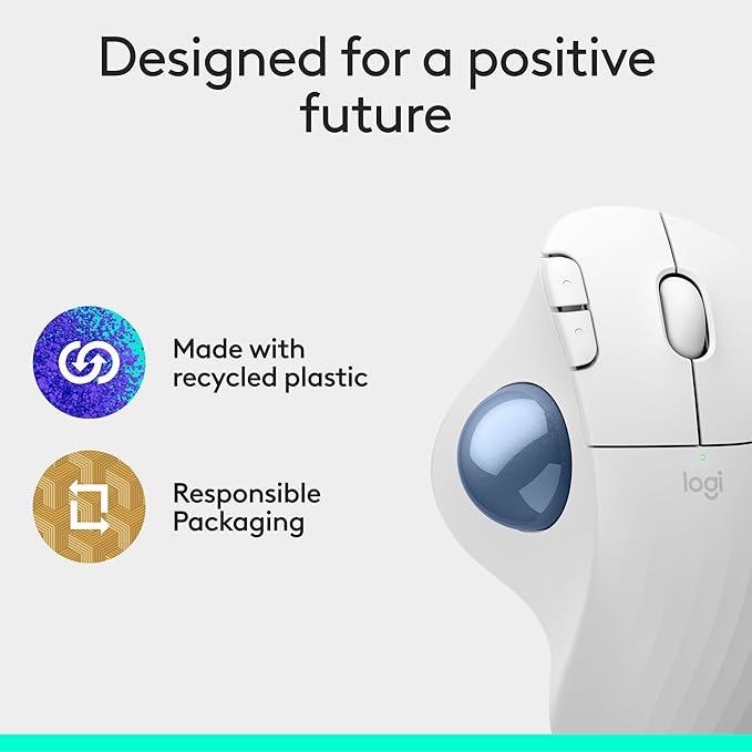 Logitech Ergo M575S Wireless Trackball Mouse Wireless Ergonomic Mouse with Bluetooth and Encrypted Dongle Comfortable Thumb Control Precise and Smooth Tracking for PC/Mac - Off-White Blue Ball