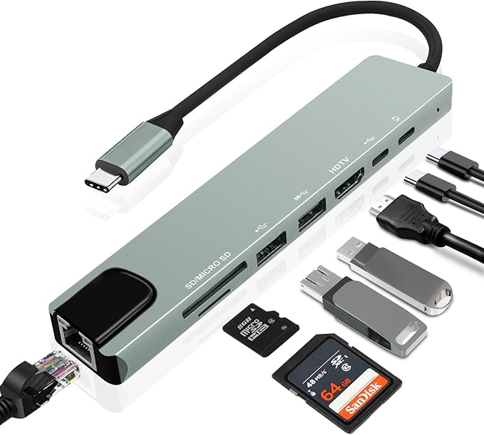 8-in-1 USB-C Hub Multi-Port Adapter for Laptops 4K@60Hz HDMI 85W Power Delivery 3X USB-A 3.0 &amp USB-C Data Ports SD/TF Card Reader for Type-C Devices (Charger Not Included)