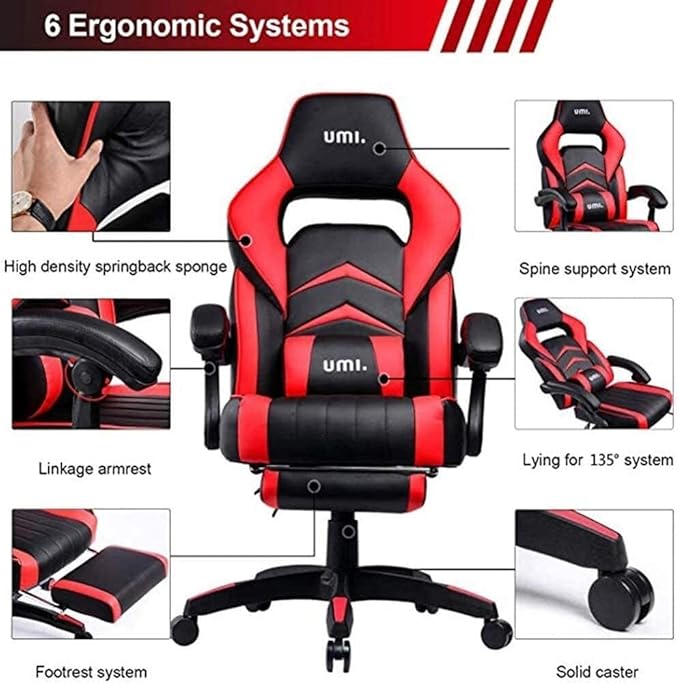 Boss Racing Gaming Chair with Reclining Footrest Adjustable Lumbar Support PU Leather Office Desk Chair Black