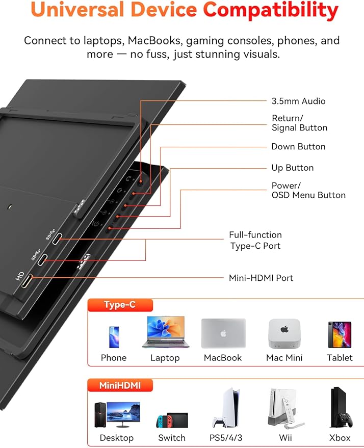 HotYeah Portable Monitor 15.6-in 1080P FHD Laptop Monitor USB-C HDMI External Computer Display HDR FreeSync IPS w/Kickstand &amp Speaker 2nd Screen for Laptop PC Mac Phone Tablet Switch PS5 Xbox