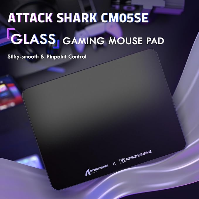 Attack Shark CM05SE Glass Gaming MousepadNano-Micro-Etched TextureSmooth Glass SurfaceHigh AccuracyFast-MovingAnti-Scratch PU Leather Super Non-Slip BaseSmall Size(410×310mm)Black