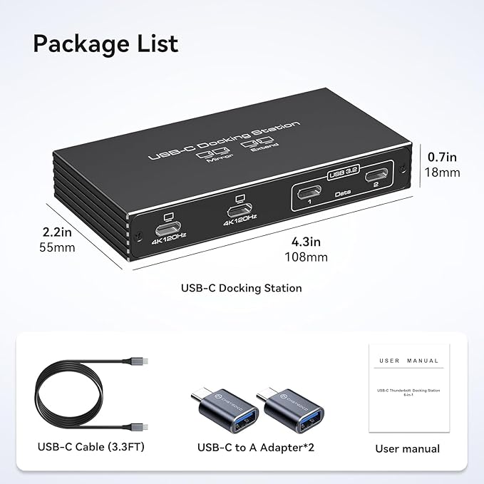 4K120Hz USB C Splitter Dual Monitor Adapter Thunderbolt Splitter 6-in-1 USB C Hub with DP Alt Mode Video Output 10Gbps Data Transfer 100W PD Charging for Laptop Portable Monitor (Deep Black)