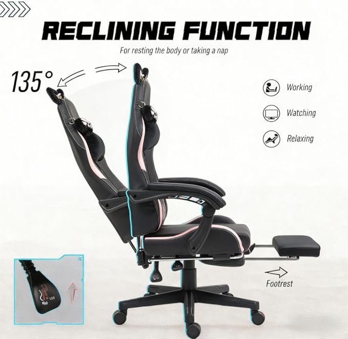 Pink Gaming Chair with Cute Cat Ears Comfy Ergonomic Computer Chair with Footrest and Headrest Video Game Chairs for Girls Adult Teen Height Adjustable Lumbar Support (Pink Black)