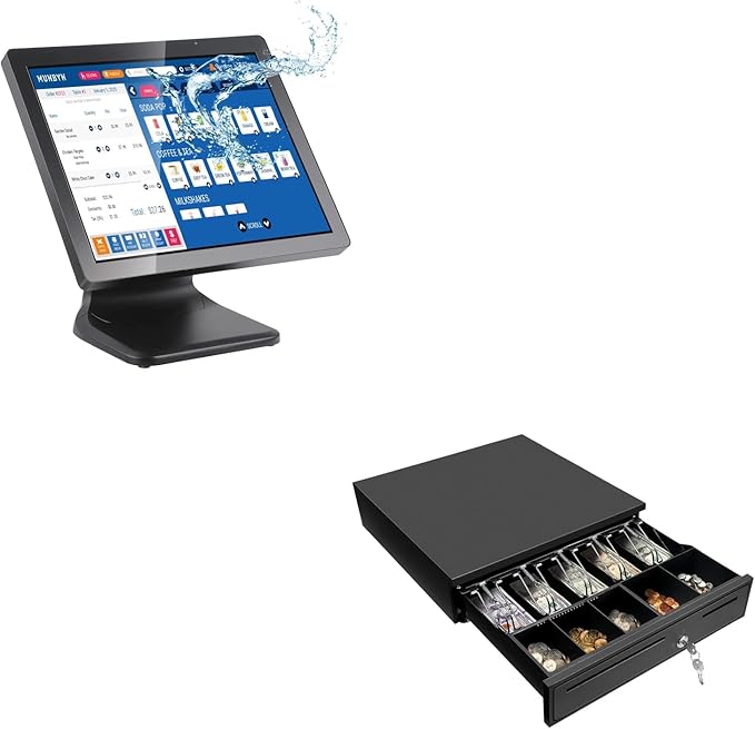 MUNBYN POS Touch Screen Monitor 17-inch 400 nits Flat Capacitive LED Touchscreen Monitor POS System and Black Cash Register Drawer 16 Wide Cash Drawer with Removable Coin Tray