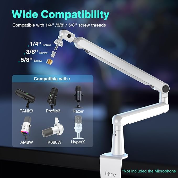 FIFINE Streaming Mic with XLR Cable and Low Profile Arm Set XLR Dynamic Micophone with Tap-to-Mute RGB Light 9.8ft Balanced CableAdjustable Boom Arm Kit for Streaming-AM8W+BM88W+L9W