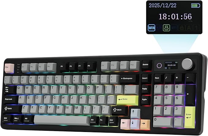 EPOMAKER TH99 PRO 96% Mechanical Keyboard with Screen &amp Knob 10000mAh 2.4Ghz/BT Hot Swap Custom Driver RGB Backlight PBT Keycap Wireless Gaming Keyboard for PC/Mac (Black Sea Salt Silent)