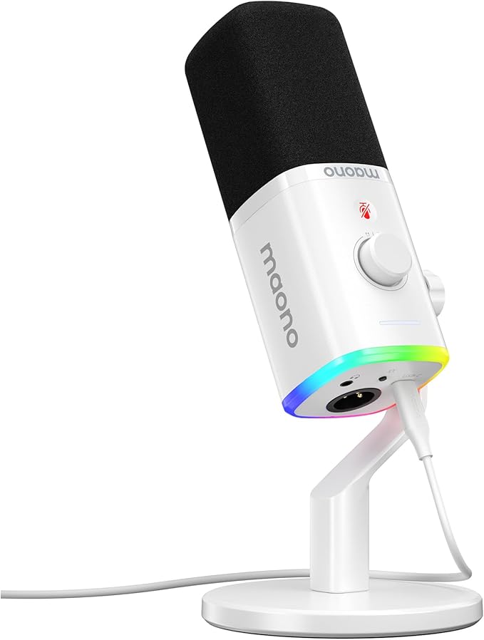 MAONO USB/XLR Podcasting Microphone for PC Gaming Streaming Dynamic Mic with Mute Button RGB Desktop StandComputer Mic for Video Studio Recording-PD100XWhite