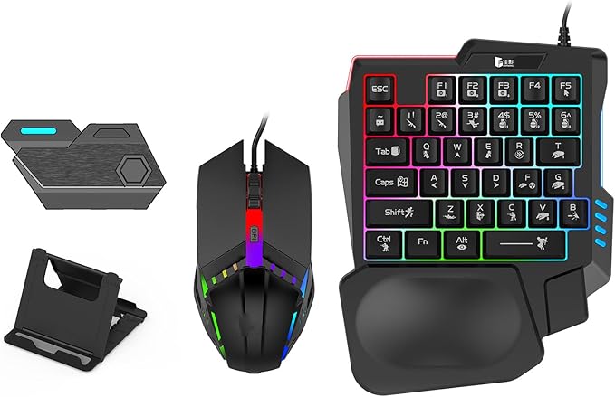 Gugxiom One Hand RGB Gaming Keyboard and Mouse Combo Half Hand Mechanical Feeling Keyboard for Mobile Games