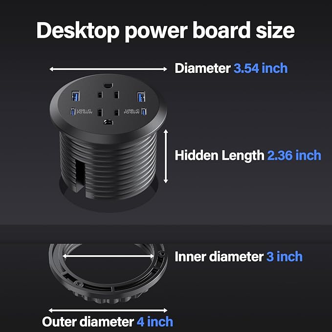 3 inch Desktop Power Grommet USB C65W Fast Charging StationFurniture Recessed Power Strip2 Outlets4 USB PortsFlush-Mount for Desktop Workspace Essential Desk Outlet2 Pack (Black)