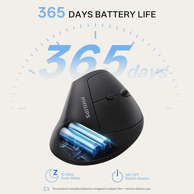 Philips Ergonomic Mouse - Vertical Mouse with 800/1200/1600 Adjustable DPI 6 Silent Buttons Design for S/M Hands Auto Power Saving Light Weight 2.4GHz Wireless Mouse for Laptop Desktop PC-Black