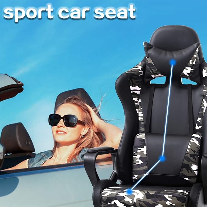 PC Gaming Chair Office Racing Desk Chair With Lumbar Support Arms Headrest Massage - High Back PU Leather Ergonomic Computer Chair Adjustable Swivel for Women Men Adult Camo
