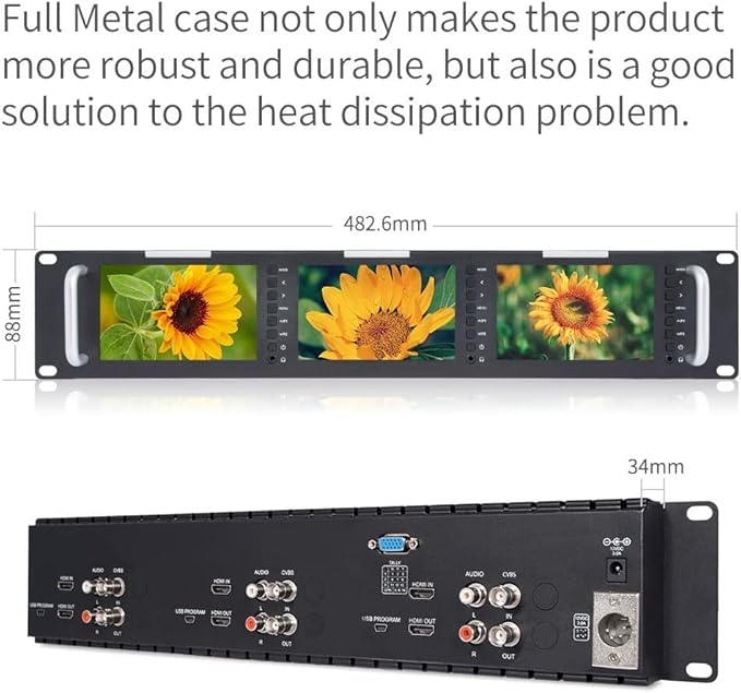 FEELWORLD T51-H Triple 5 inch 2 RU Rack Mount Monitor 800×480 Broadcast LCD Monitor with HDMI AV Input and Output