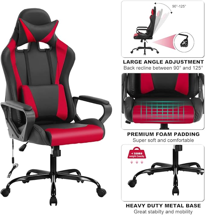 PC Gaming Chair Office Chair Racing Desk Chair with Lumbar Support Arms Headrest Massage High Back PU Leather Ergonomic Computer Chair Rolling Adjustable Swivel Chair for Women Men Adult Red
