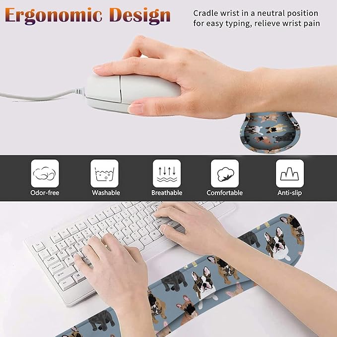 Keyboard Wrist Rest Pad + Square Mouse Pad + Wrist Rest Support Pad + Coaster Ergonomic Memory Wrist Rest Support 4-Piece Combo Set for Gaming and Office French Bulldogs